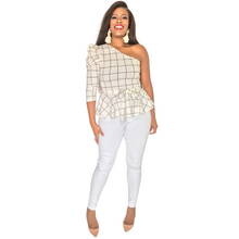 Load image into Gallery viewer, "Olivia" One Shoulder Peplum White Top